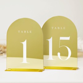 JINMURY - Números de mesa de boda dorados con soportes, paquete de 15 carteles de arco acrílico de espejo dorado, números de mesa para recepción de bodas (13 x 18 cm, números de mesa dorados 1-15)