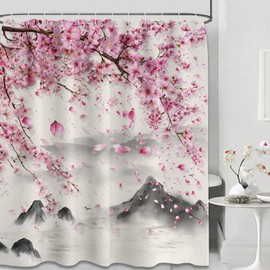 puuiui Cherry Blossom Shower Curtain Japanese Asian Pink Floral Asian Chinese Bathroom Decor, Waterproof Cloth Fabric with Hooks, 60x72 inch