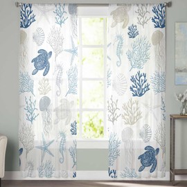 Blue Nautical Ocean Sheer Curtains 84 Inch Length 2 Panels Set, Coastal Coral Sea Turtle Kitchen Curtains Sheer Rod Pocket Privacy Drapes Summer Beach Starfish Window Curtains for Living Room Bedroom