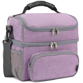FlowFly Double Layer Cooler Insulated Lunch Bag Adult Lunch Box Large Tote Bag for Men, Women, With Adjustable Strap,Front Pocket and Dual Large Mesh Side Pockets,Purple