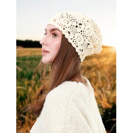 sy soul young Women's Crochet Cotton Beanie Hat Soft Slouchy Knit Boho Hat Skull Cap for Outdoor Travel(One Size,Creamy)