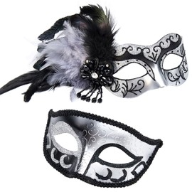 MYSEUNI 2024 New Masquerade Mask with Feather for Couples - Women's Masquerade Mask with Feather & Men Venetian Costume Mask, Black Silver, One size fits most