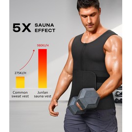 Junlan Men's Sauna Shirt Sauna Vest Body Shaper Sweat Suit Waist Trainer Fitness Corset Zip Tank Top, black, L