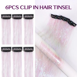 IDN BEAUTY Hair Tinsel Clip in, 6pcs Bright White Sparkling Tinsel Hair Extensions 3s Wear and Go for Party Daily Travel Birthday, 24Inch Hair Accessories for Girls Women Kids