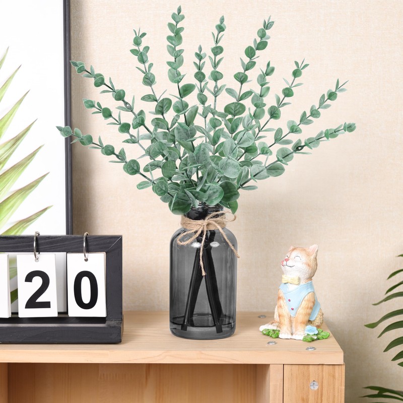 Der Rose 14.5 In Fake Plants Eucalyptus in Black Glassvase