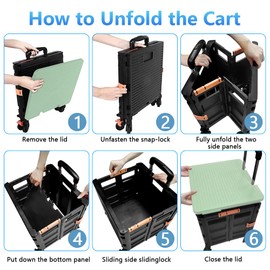 Quick Utility Cart Folding Portable Rolling Crate Handcart with Lid with Durable Heavy Duty Plastic Telescoping Handle Collapsible 4 Rotate Wheels for Travel Shopping Moving Luggage Office Use-Green