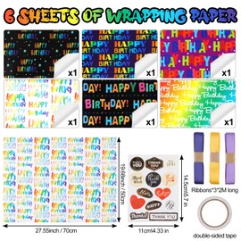 6 Sheets of Birthday Gift Wrapping Paper, Happy Birthday Colourful with 2 Ribbons, Double-Sided and Stickers, Wrapping Paper Set, Gift Wrapping for Children's Birthday (50 x 70 cm)