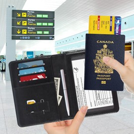 DMLuna Passport Holder Premium PU Leather Travel Passport Wallet RFID Blocking Passport Cover Case Travel Documents Organizer with Pen Holder, for Women and Men, AC - Black