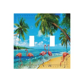 Summer Beach Theme 2 Gang Double Toggle Light Switch Cover Funny Flamingo and Blue Sky Ocean Decorative Wall Plate Electrical Faceplate Tropical Plant Palm Leaf Farm Bathroom Home Living Room Decor