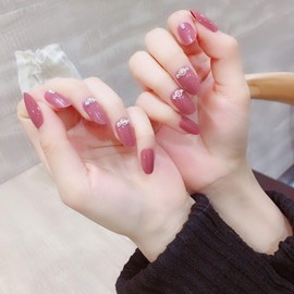 24 Pcs Handmade Nail Tips Gemstone Decoration Nail Bride Cute and Elegant Bride Nail Tips for Weddings, Photo Taking, Parties, After-parties (Dark Pink)