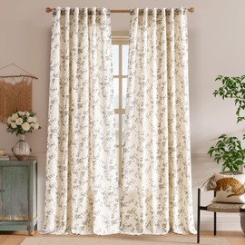 Lazzzy Farmhouse Linen Curtains Gray Floral Curtains 96 Inch Long Back Tab Drapes for Living Room Bedroom Light Filtering Country Vintage Rod Pocket Curtain, 2 Panels, Grey on Beige