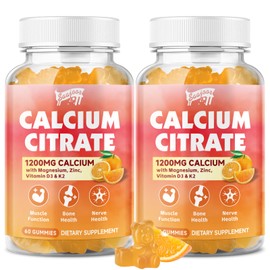Calcium Citrate Gummies 1200 mg with Vitamin D3, K2, Magnesium, Zinc, Bone Support for Bones, Muscles & Joints,Immunity & Memory Support, 120 Count