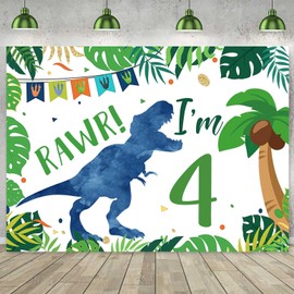 Sensfun Dinosaur 4th Birthday Backdrop for Boy Roar I'm 4 Birthday Party Decorations Banner Jungle Leaves Dinosaur Footprints Flag Dino Four Years Old Photography Background Photo Booth Props 7x5ft