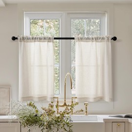 Ivory Linen Cafe Curtains 30 Inch Length Light Filtering Semi Sheer Mini Curtains for Small Window Basement Bathroom Rod Pocket BOho Farmhouse Short Sheer Kitchen Curtains Laundry Room RV 26x30