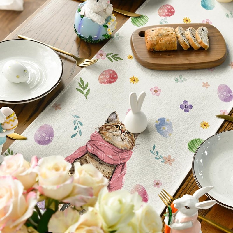 Artoid Mode Flowers Easter Eggs Cat Carrot Easter Table Runner,