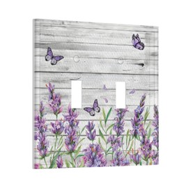 CKHTER Lavender Purple Lilac Butterfly 2 Gang Double Toggle Light Switch Cover Decorative Rustic Floral Wall Plate Farmhouse Receptacle Faceplates for Living Room Bedroom Bathroom House