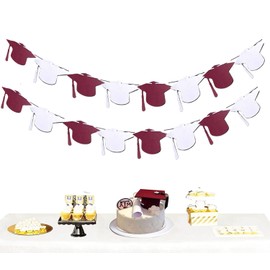 Maroon and White Graduation Party Decorations,Graduation Cap Banner Set, 2 Strings with 8 Caps Each