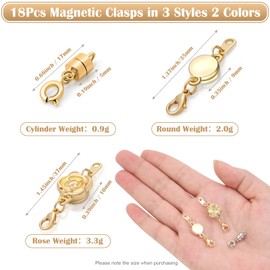 18 Pcs 3 Styles Magnetic Necklace Clasps and Closures, Rose Round Cylindrical Jewelry Magnetic Clasp Connector Locking Magnetic Clasp Bracelet Extender for Jewelry Making (Gold, Silver)