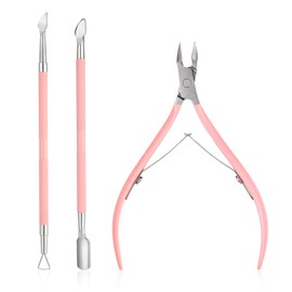 3 PCS Pink Nail Cuticle Nipper with Stainless Steel Dual End Pusher, Nail Scraper, Professional Pedicure Manicure Tools, Durable Cuticle Trimmer for Fingernails and Toenails Dead Skin