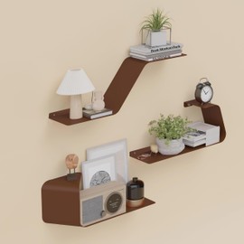 Sttoraboks Floating Wall Shelves Set of 3, Metal Mounted Shelf with Unique Design, Bookshelf for Storage & Display in Bathroom, Bedroom, Kitchen, Living Room, Brown Home Decor