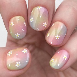 Colorful Press on Nails Short Square Fake Nails with Daisy Flowers Pattern Designs Acrylic Glossy False Nails Artificial Full Cover Glue on Nails Holiday Stick on Nails for Women 24 PCS Nail Art