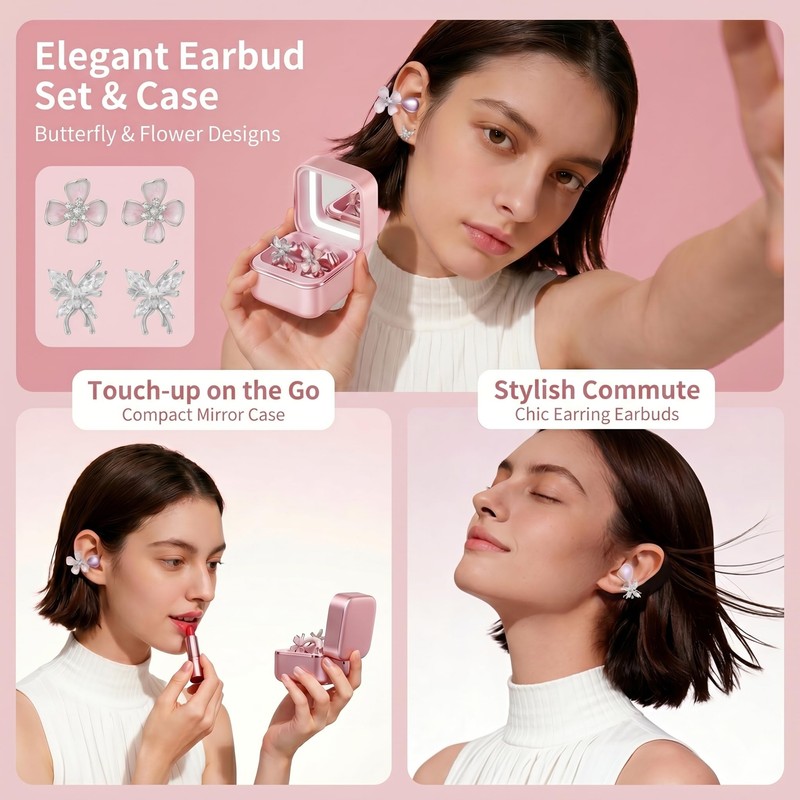 Wireless Earbuds with LED Makeup Mirror Case, Bluetooth 6.0 Open