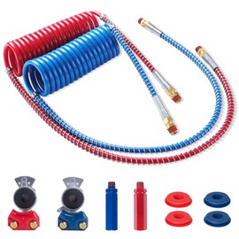 Ailbiuko Semi Truck Air Brake Line Hose Coil Assembly Coiled Set Airline Blue Red Pigtail Trailer Air Hose,1/2" NPT DOT Fittings with Glad Hands & Grips & Rubber Seals (15' Length x 40" Tractor Lead)