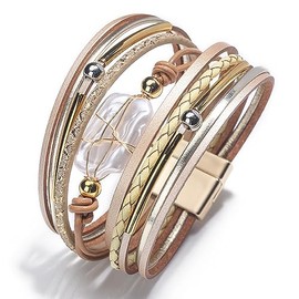 LSxAB Multi-Layer Khaki Leather Wrap Bracelet for Women Stackable Wristband Braided Boho Multi Strand Cuff Bangle Bracelets