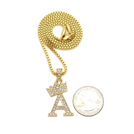 CBC Crown Rhinestone Studded Crown Small Initial Alphabet Letter Pendant Necklace16/18"/20" Box Chain Necklaces (18, Gold - A)