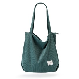 KALIDI - Bolso de mano de pana con cierre para mujer, bolsa de hombro de gran capacidad con bolsillos, Azul lago, 18.2*3.95*15.75inch