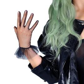 DooWay Women Short Mesh Gloves Ruffle Trim Black Party Fancy Gloves
