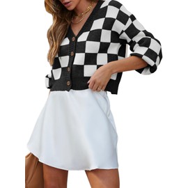 Dokotoo Womens Cardigan Sweaters V Neck Button Down Long Sleeve Plaid Cardigans Casual Cable Knit Fall Winter Ladies Cropped Fit Jackets Outerwear Black 2XL