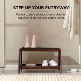 Anji Mountain 2-Tier Solid Wood Boot/Shoe Stand with Natural Rubber tray and coir insert, Fits 4 Pair (26.5"x22"x 15"), Brown