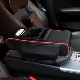 Funda Reposabrazos Central para Auto, Almohadilla Reposabrazos Carro con Compartimiento de Teléfono, 2 Portavasos y Caja de Pañuelos, para la Mayoría de Vehículos, SUV, Camione (Negro)
