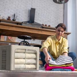 6 Pack Clothes Storage Bins with Metal Frame Foldable Storage Bins for Clothes Linen Fabric Storage Box with Clear Window (Beige, 15.7x11.8x7.8inch(22L))