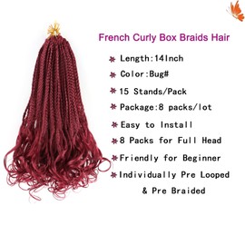 EFFGOCO Burgundy French Curl Crochet Braids 14 Inch 8 Packs Goddess Box Braids Crochet Hair for Women Pre Looped Crochet Box Braids with Curly Ends French Curl Braiding Hair Extensions (14 Inch,Bug#)