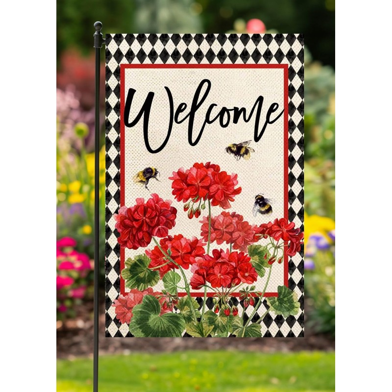 Welcome Spring Geranium Garden Flag Double Sided 12x18 Inch Summer