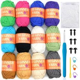 12 Pack Beginners Crochet Yarn Coffee Brown Beige Grey Cotton Easy Crochet Yarn for Crocheting Knitting Beginners with Easy-to-See Stitches Multiclor Mini Beginner Crochet Kit(12x25g)