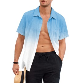 Mens Gradient Linen Shirts Casual Button Down Short Sleeve Beach Hippie Shirts Blue