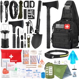 Survival Kit, 268 Pcs Survival Gear and Equipment with First Aid, Camping Axe, LED Headlamp, Crossbody Bag–Bug Out Bag for Camping Hiking, Hunting, Gift for Christmas Men, Dads Stocking Stuffers