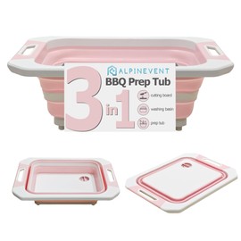 Collapsible BBQ Prep Tub & Cutting Board, BBQ & Meal Prep Tub, Multifunctional Collapsible Dish Basin for Meat, Vegetables, Fruit, Marinating Food Storage for Camping, Kitchen, Picnic (Pink)