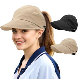 Sun Visor Packable Sun Hats for Women Travel Beach Outdoor UV Protection Cap 2 Pack Black Khaki