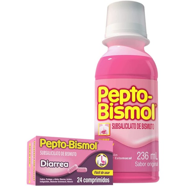 Pepto-Bismol - Pack Suspensión Sabor Original Subsalicilato de Bismuto, Bote 236 ml + Frasco 24 Comprimidos, Alivia Molestias Estomacales, para Diarrea (2 Unidades)