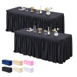 PARTISKY 2 Pack Black Tablecloths for Rectangle Tables 6ft, Wrinkle Resistant Black Table Cover Fitted Stretch Table Cloth with Pleated Ruffle Table Skirts for Party Banquet Dining Birthday Wedding