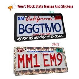 BGGTMO Mountains License Plate Frame- Black Aluminum Car Tag Cover Holder with Stainless Steel Screws Caps, Snow Mountain Tree Decal Sticker, 1 Pack 2 Hole