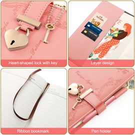 Lock Diary with Key and Pen for Girls, 192 Pages Vintage Leather Heart Shaped Journal Notebook with Lock and Diamond Pen, A5 Cute Locked Secret Diaries for Women (Pink)