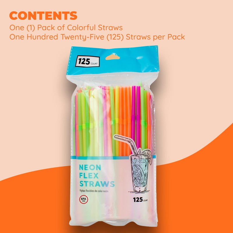 Jacent Flexible Disposable Drinking Straws, Bendable Plastic Neon Straws: 125