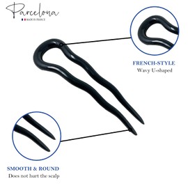 Parcelona French Mystic Black 3 Inch Wavy Set of 3 Celluloid U Shaped Hair Pins for Hair Bun Style for Women and Girls Hair Styling Accessories, Made in France
