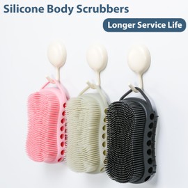 MtBoi Double-Sided Silicone Exfoliating Body Scrubber, 2-in-1 Body Shampoo Brush, Silicone Loofah for All Skin Types, Shower Hair Scalp Massager, Compact to Carry, Easy to Clean, Lather Well (Pink)