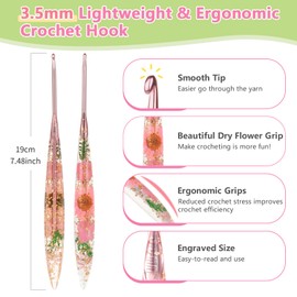 Reessy 3.5mm Crochet Hooks, Aluminium Crochet Hook with Transparent Dried Flowers Handle, Ergonomic Crochet Hooks for Arthritis Hand Comfortable Crocheting-One Piece